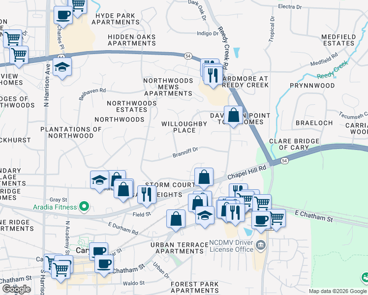 map of restaurants, bars, coffee shops, grocery stores, and more near 707 Branniff Drive in Cary