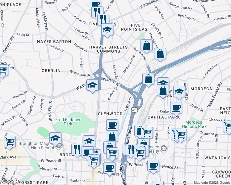 map of restaurants, bars, coffee shops, grocery stores, and more near 1318 Dale Street in Raleigh