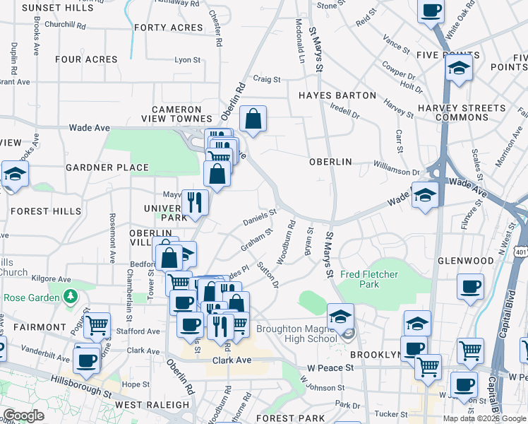 map of restaurants, bars, coffee shops, grocery stores, and more near 836 Daniels Street in Raleigh