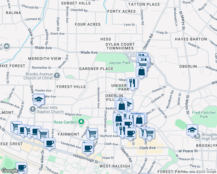 map of restaurants, bars, coffee shops, grocery stores, and more near 2410 Van Dyke Avenue in Raleigh