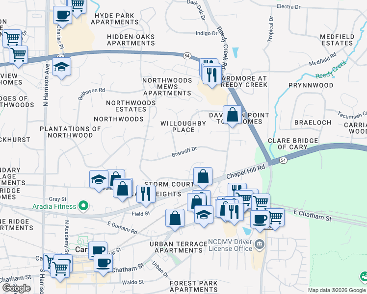 map of restaurants, bars, coffee shops, grocery stores, and more near 707 Branniff Drive in Cary