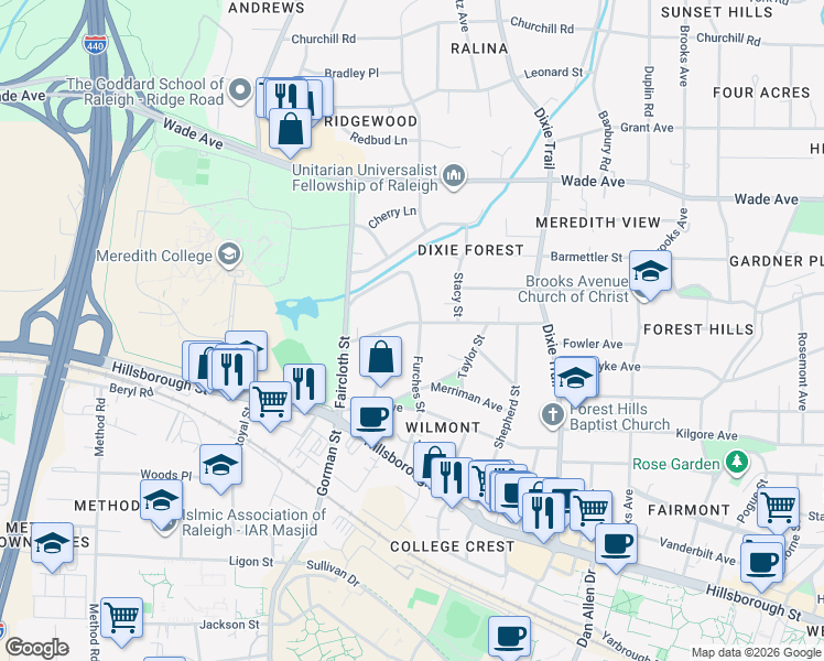 map of restaurants, bars, coffee shops, grocery stores, and more near 216 Furches Street in Raleigh