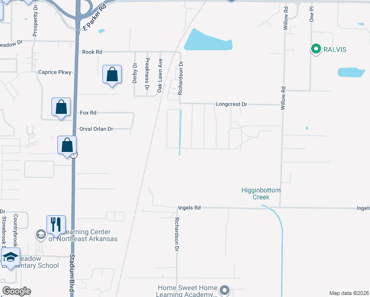 map of restaurants, bars, coffee shops, grocery stores, and more near Saddlecrest Drive in Jonesboro