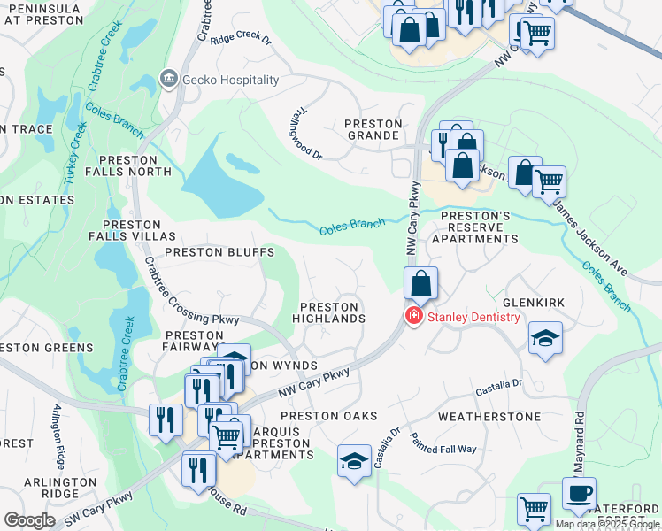map of restaurants, bars, coffee shops, grocery stores, and more near 307 Promontory Point Drive in Cary