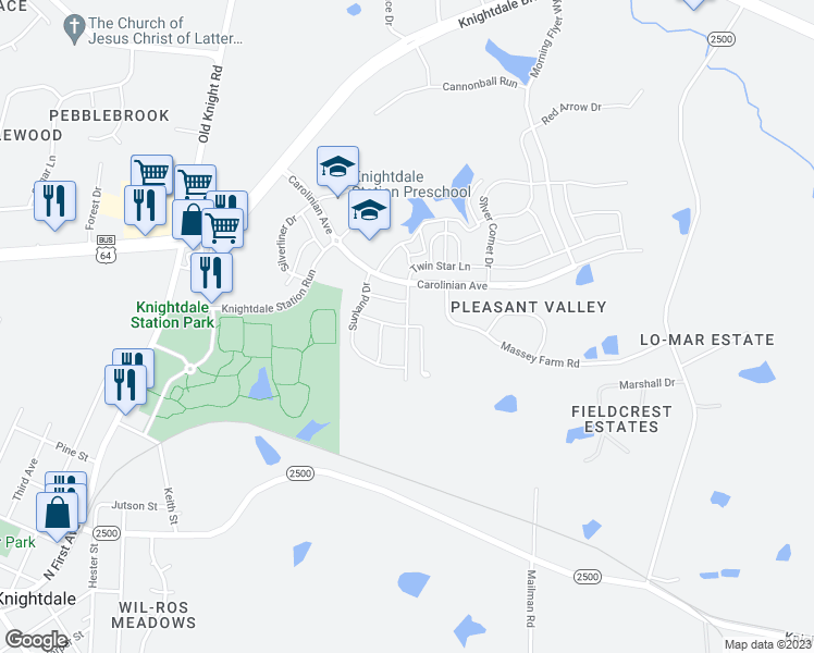 map of restaurants, bars, coffee shops, grocery stores, and more near Heartland Flyer Drive in Knightdale