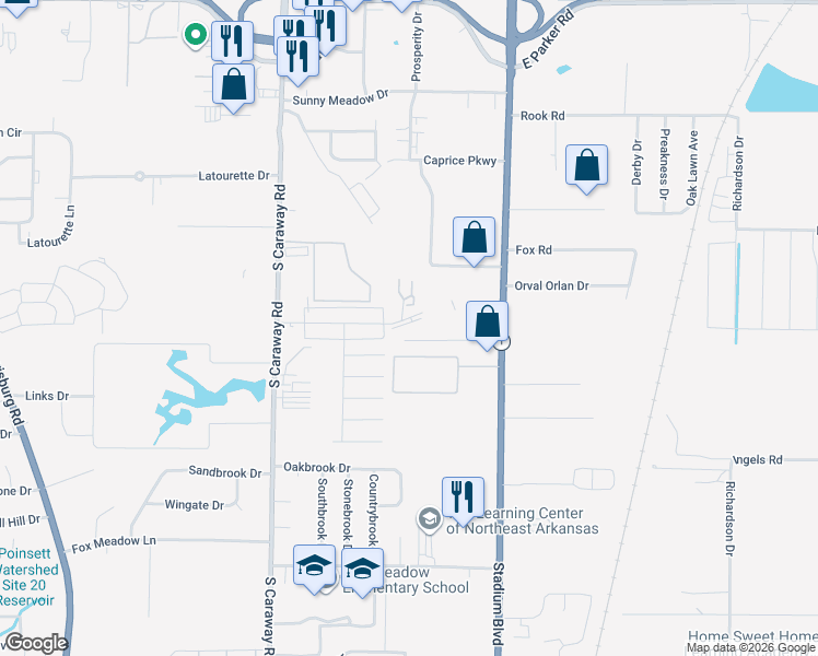 map of restaurants, bars, coffee shops, grocery stores, and more near 2627 Glenn Place in Jonesboro