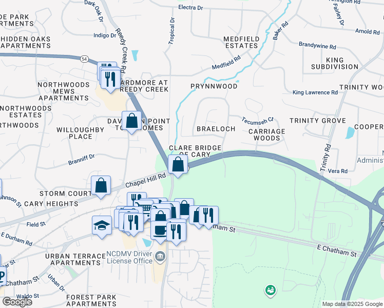 map of restaurants, bars, coffee shops, grocery stores, and more near 7870 Chapel Hill Road in Cary