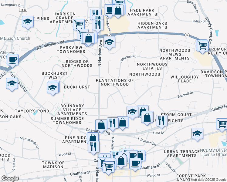 map of restaurants, bars, coffee shops, grocery stores, and more near 719 Northampton Drive in Cary