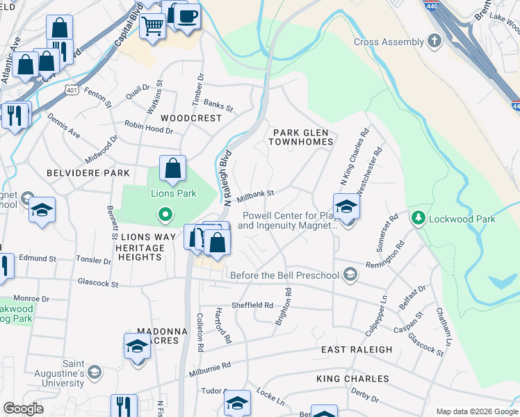 map of restaurants, bars, coffee shops, grocery stores, and more near 1137 Brighton Road in Raleigh