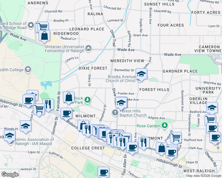map of restaurants, bars, coffee shops, grocery stores, and more near 411 Dixie Trail in Raleigh
