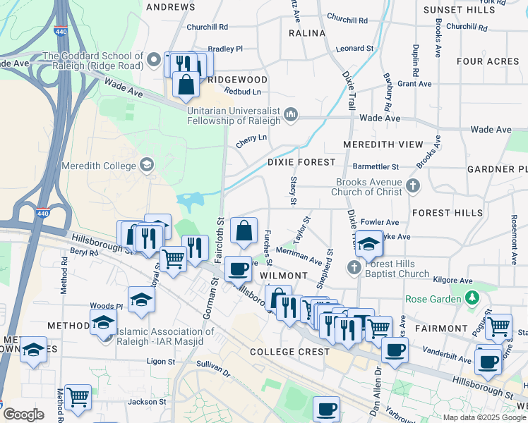 map of restaurants, bars, coffee shops, grocery stores, and more near 216 Furches Street in Raleigh