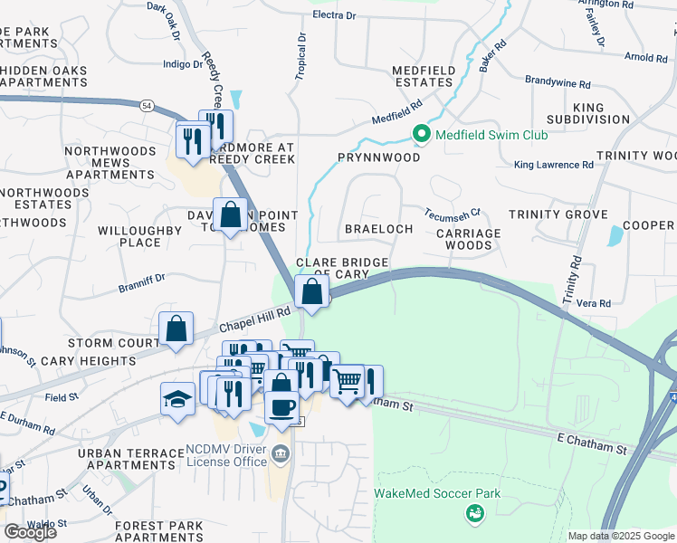 map of restaurants, bars, coffee shops, grocery stores, and more near 7870 Chapel Hill Road in Raleigh