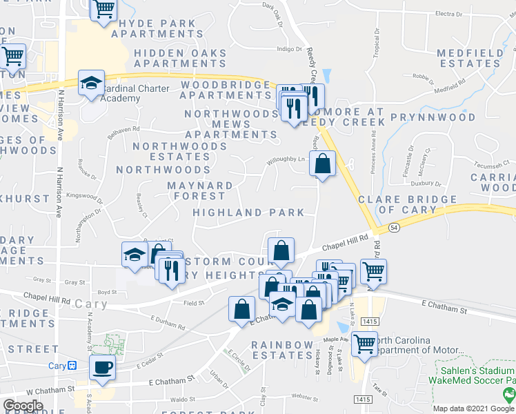 map of restaurants, bars, coffee shops, grocery stores, and more near 711 Branniff Drive in Cary