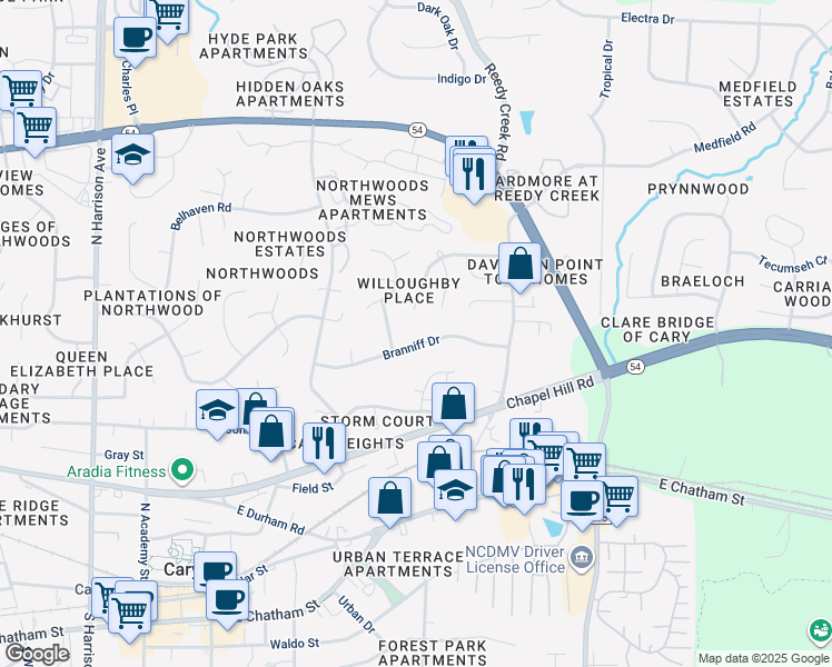 map of restaurants, bars, coffee shops, grocery stores, and more near 711 Branniff Drive in Cary