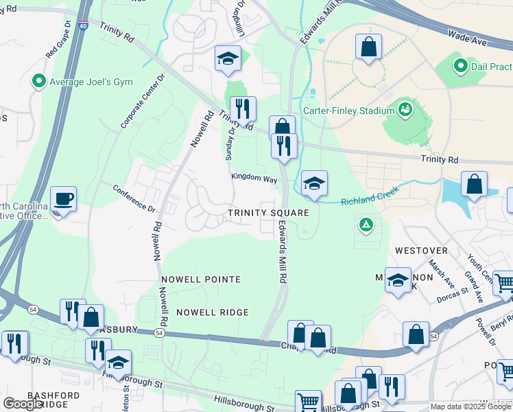 map of restaurants, bars, coffee shops, grocery stores, and more near 1127 Lake Moraine Place in Raleigh