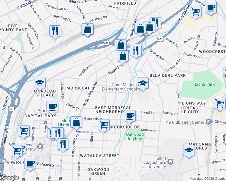 map of restaurants, bars, coffee shops, grocery stores, and more near 510 Frank Street in Raleigh