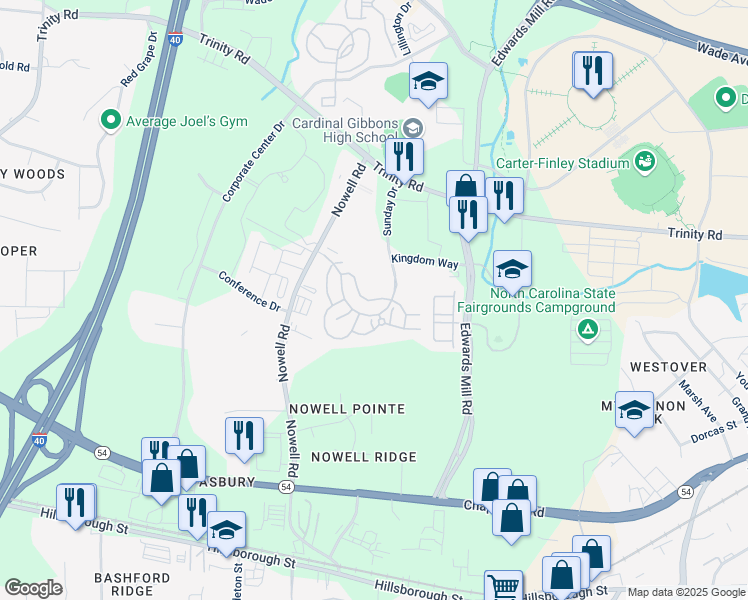 map of restaurants, bars, coffee shops, grocery stores, and more near 5211 Trinity Village Lane in Raleigh