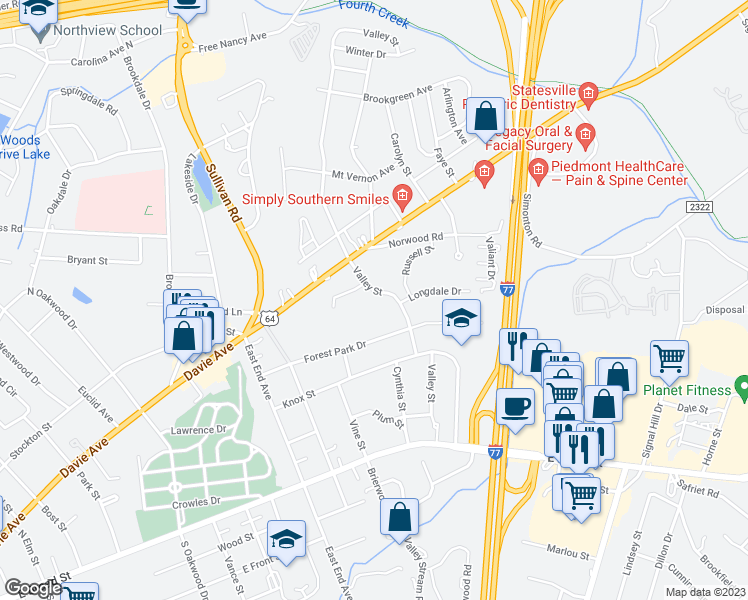 map of restaurants, bars, coffee shops, grocery stores, and more near 1321 Dixie Drive in Statesville