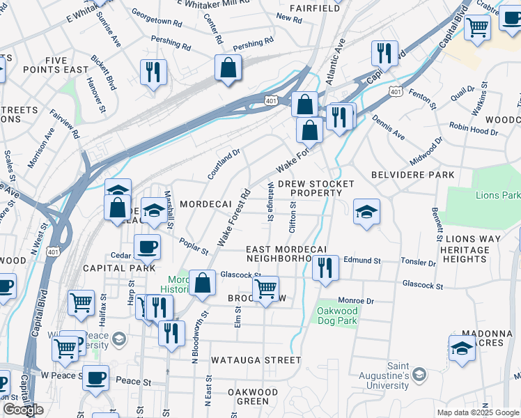 map of restaurants, bars, coffee shops, grocery stores, and more near 413 Frank Street in Raleigh