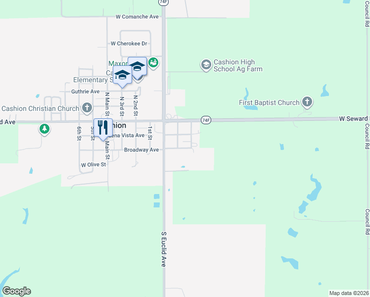 map of restaurants, bars, coffee shops, grocery stores, and more near 108 East Broadway in Cashion