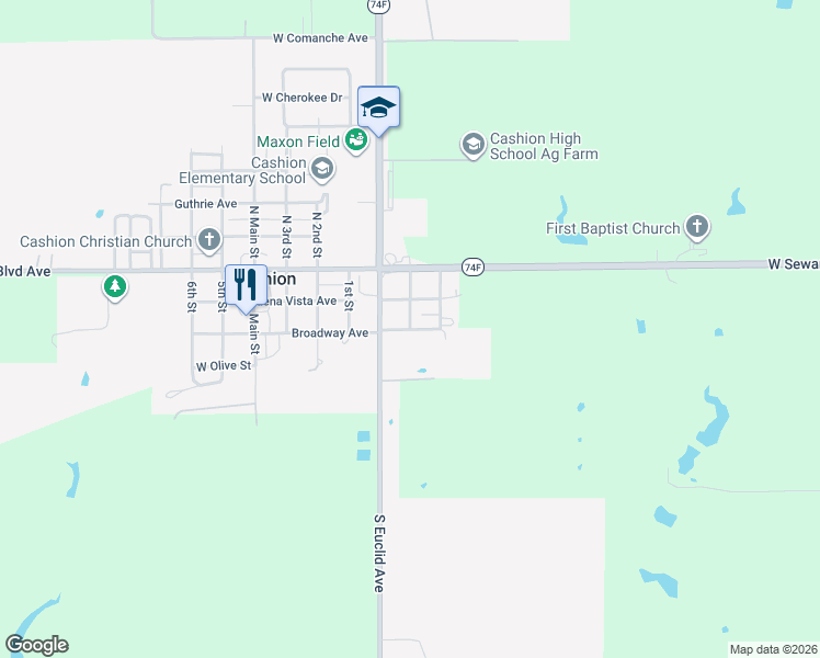 map of restaurants, bars, coffee shops, grocery stores, and more near 108 East Broadway in Cashion