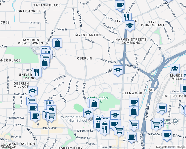 map of restaurants, bars, coffee shops, grocery stores, and more near 1021 Brighthurst Drive in Raleigh