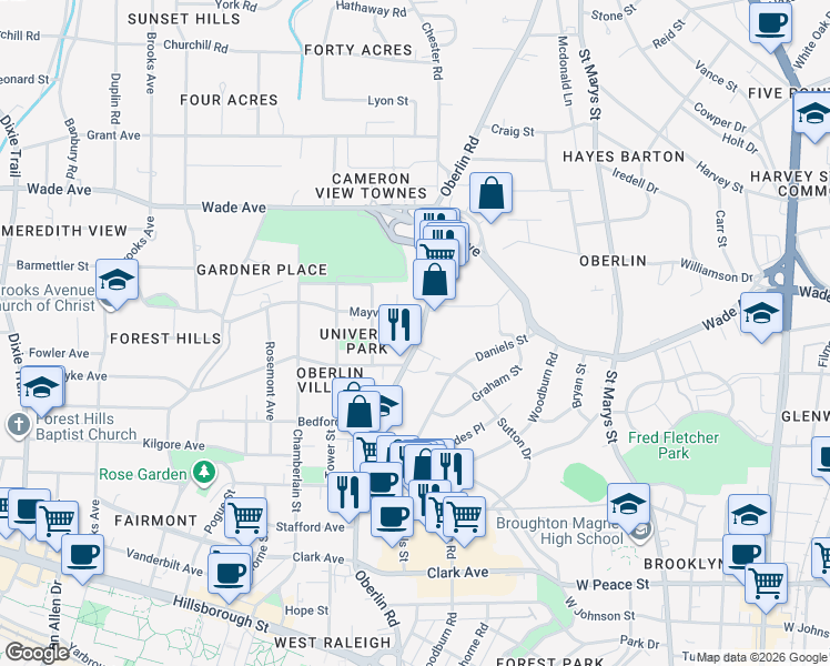 map of restaurants, bars, coffee shops, grocery stores, and more near 1002 Oberlin Road in Raleigh