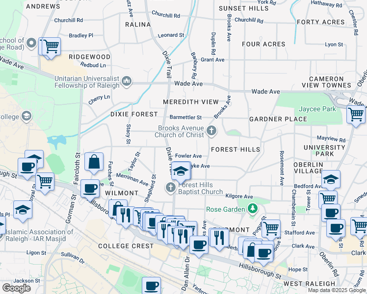 map of restaurants, bars, coffee shops, grocery stores, and more near 2820 Fowler Avenue in Raleigh
