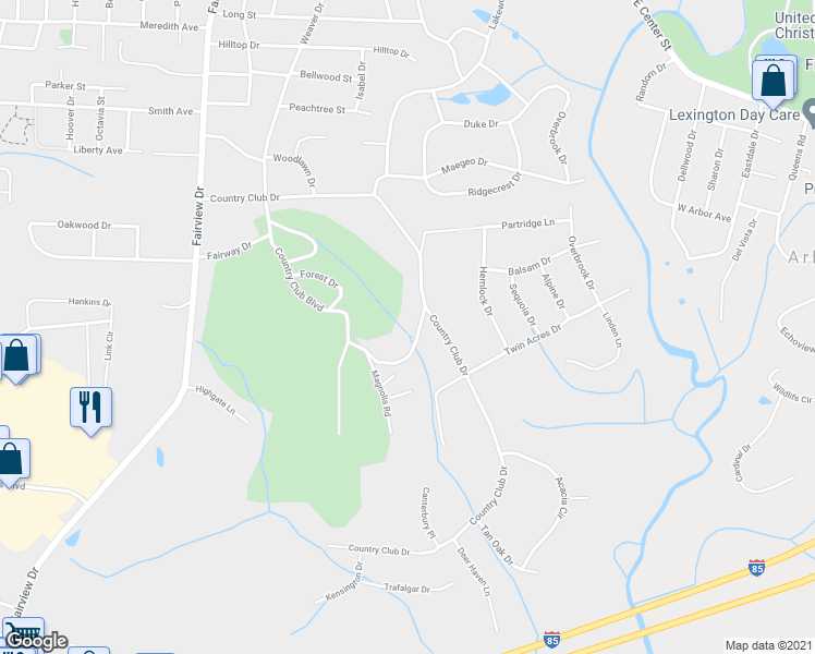 map of restaurants, bars, coffee shops, grocery stores, and more near 427 Country Club Circle in Lexington