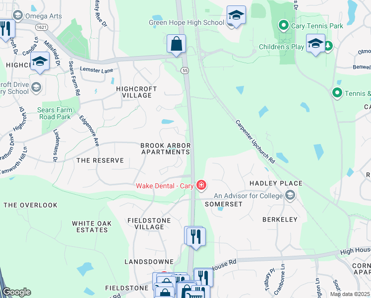 map of restaurants, bars, coffee shops, grocery stores, and more near 200 Brook Arbor Drive in Cary