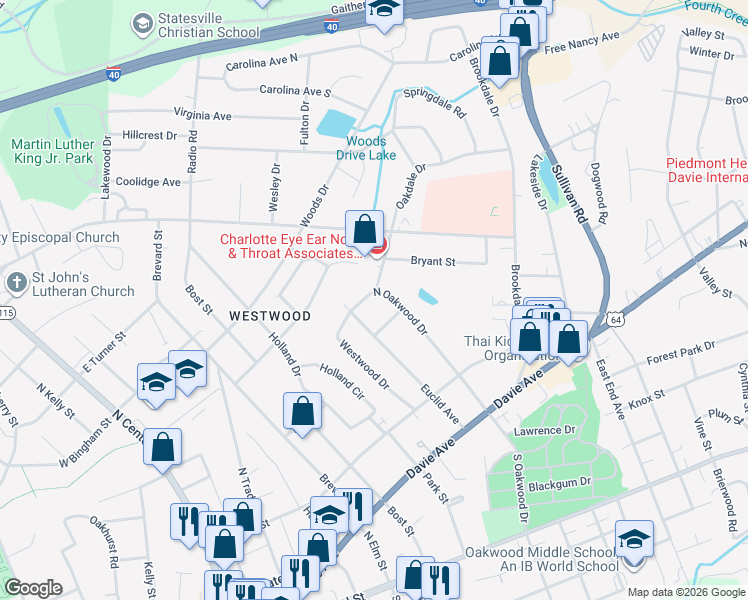 map of restaurants, bars, coffee shops, grocery stores, and more near 380 Euclid Avenue in Statesville