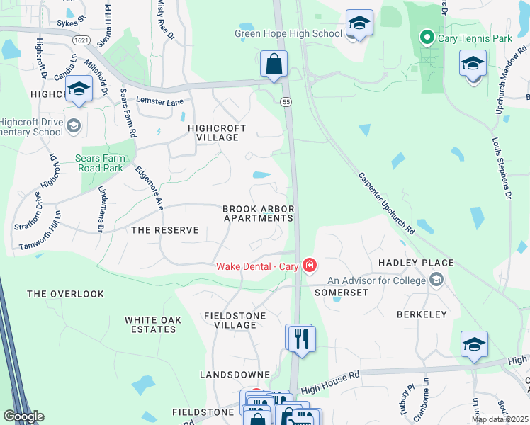 map of restaurants, bars, coffee shops, grocery stores, and more near 316 Brook Arbor Drive in Cary