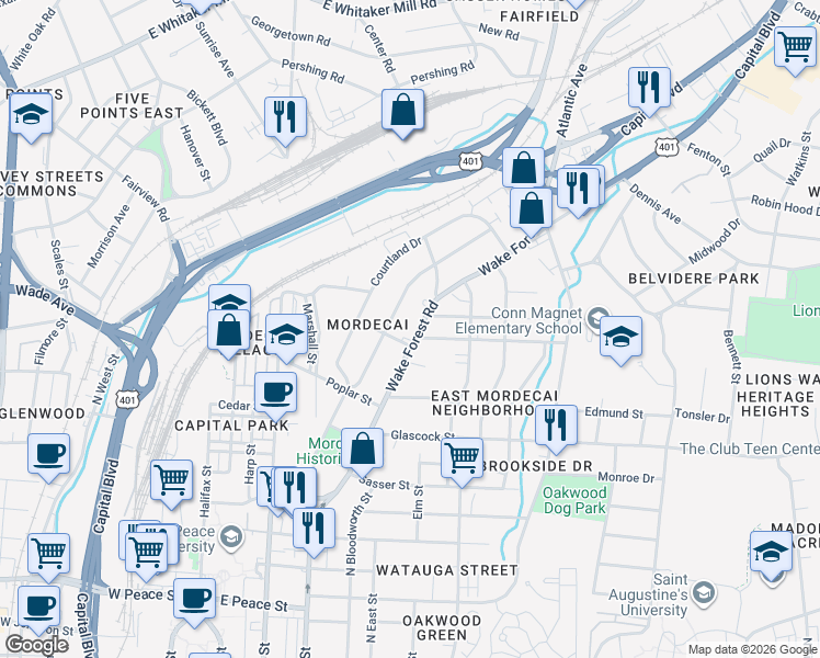 map of restaurants, bars, coffee shops, grocery stores, and more near 1228 Wake Forest Road in Raleigh