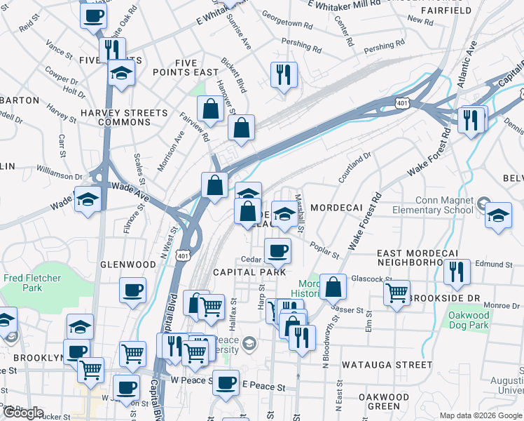 map of restaurants, bars, coffee shops, grocery stores, and more near 1172 Harp Street in Raleigh