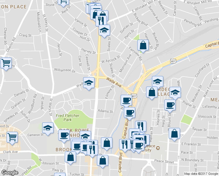 map of restaurants, bars, coffee shops, grocery stores, and more near 501 Hamilton Cottage Way in Raleigh