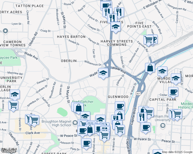 map of restaurants, bars, coffee shops, grocery stores, and more near 1307 Glenwood Avenue in Raleigh