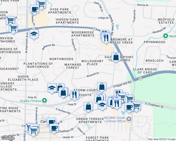 map of restaurants, bars, coffee shops, grocery stores, and more near 629 Branniff Drive in Cary