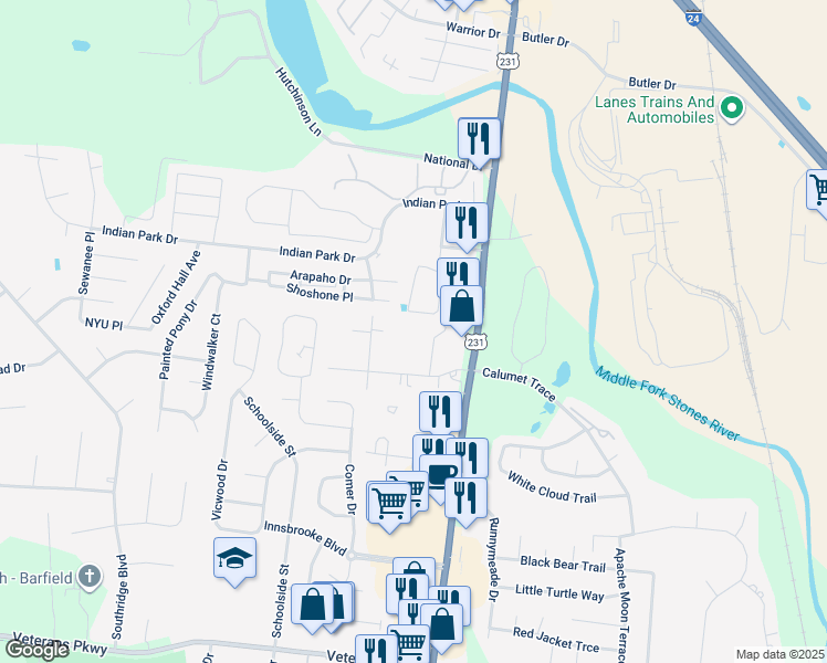 map of restaurants, bars, coffee shops, grocery stores, and more near 2580 Dixon Court in Murfreesboro