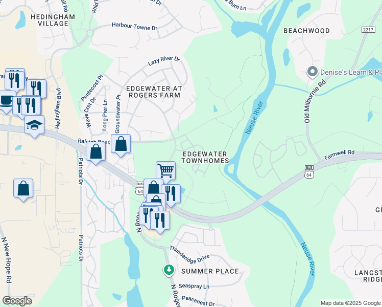 map of restaurants, bars, coffee shops, grocery stores, and more near 5205 Blue Lagoon Lane in Raleigh