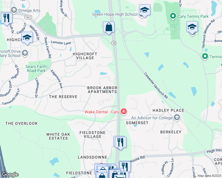 map of restaurants, bars, coffee shops, grocery stores, and more near 200 Brook Arbor Drive in Cary