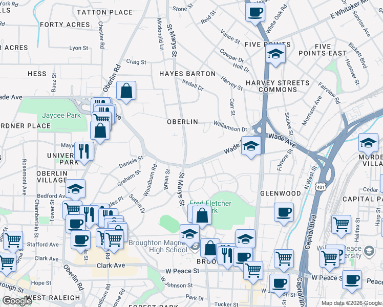 map of restaurants, bars, coffee shops, grocery stores, and more near 1021 Wirewood Drive in Raleigh
