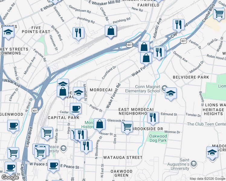 map of restaurants, bars, coffee shops, grocery stores, and more near 1228 Wake Forest Road in Raleigh
