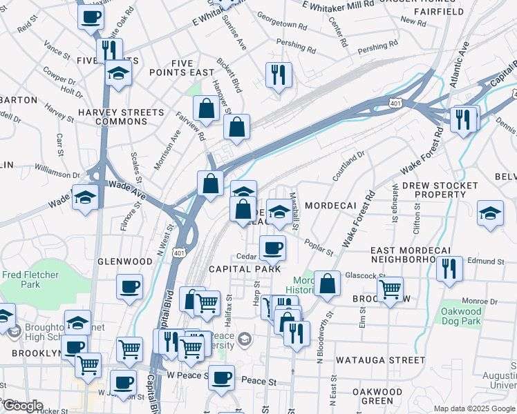 map of restaurants, bars, coffee shops, grocery stores, and more near 1173 North Blount Street in Raleigh