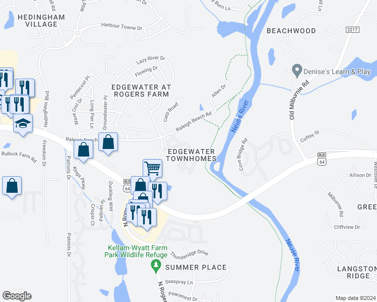 map of restaurants, bars, coffee shops, grocery stores, and more near 5342 Big Bass Drive in Raleigh