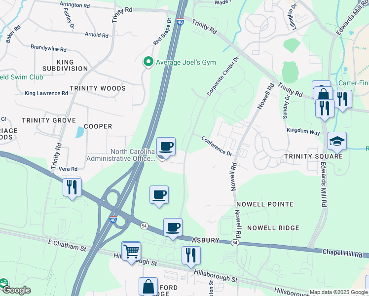map of restaurants, bars, coffee shops, grocery stores, and more near 937 Corporate Center Drive in Raleigh