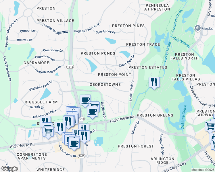 map of restaurants, bars, coffee shops, grocery stores, and more near 210 Council Gap Court in Cary