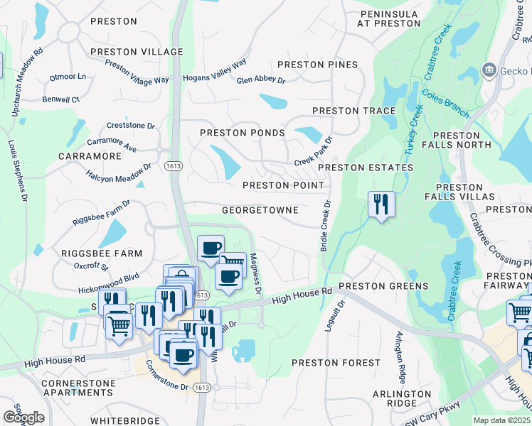 map of restaurants, bars, coffee shops, grocery stores, and more near 210 Council Gap Court in Cary