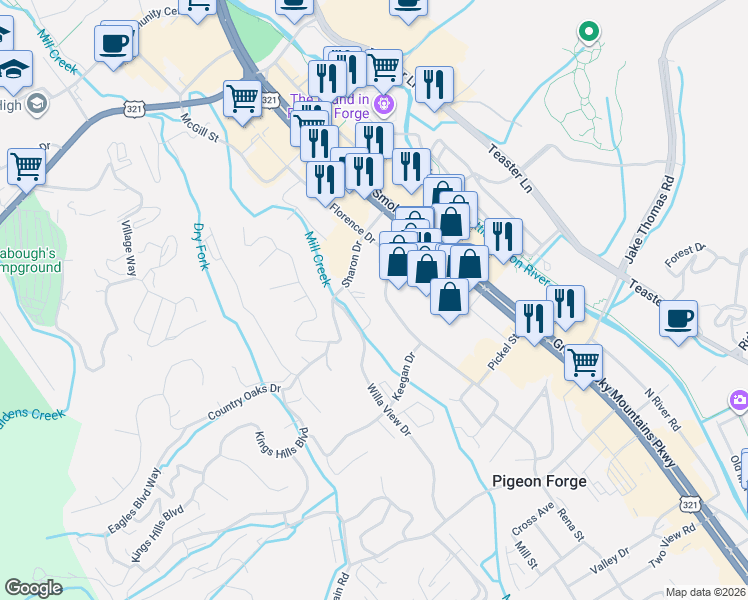 map of restaurants, bars, coffee shops, grocery stores, and more near 2838 Florence Drive in Pigeon Forge