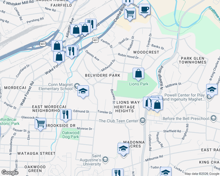 map of restaurants, bars, coffee shops, grocery stores, and more near in Raleigh