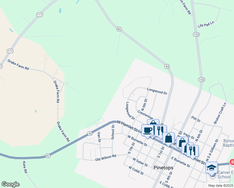 map of restaurants, bars, coffee shops, grocery stores, and more near Arbor Lane in Pinetops